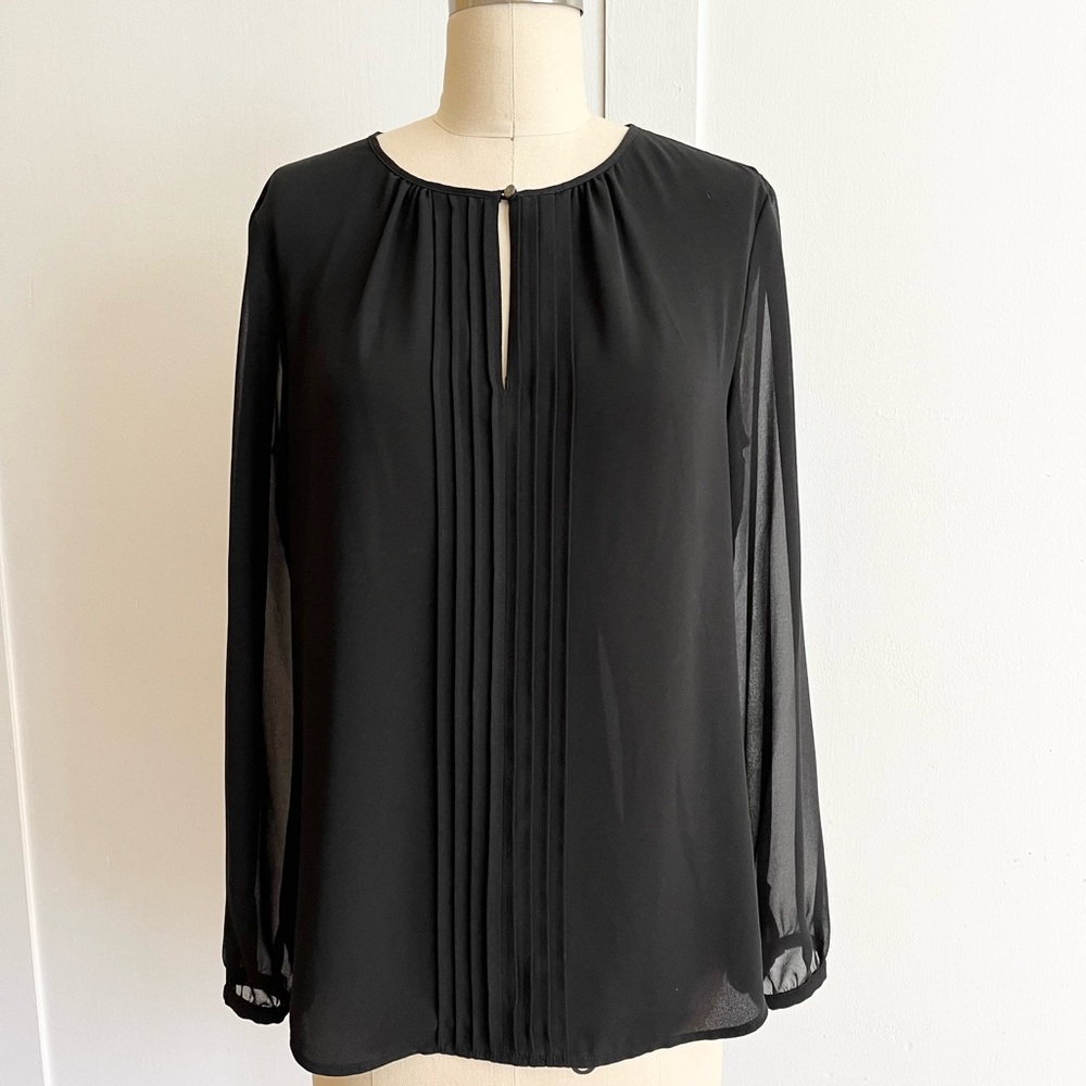 Banana Republic Black Pleated Blouse with Sheer Sleeves